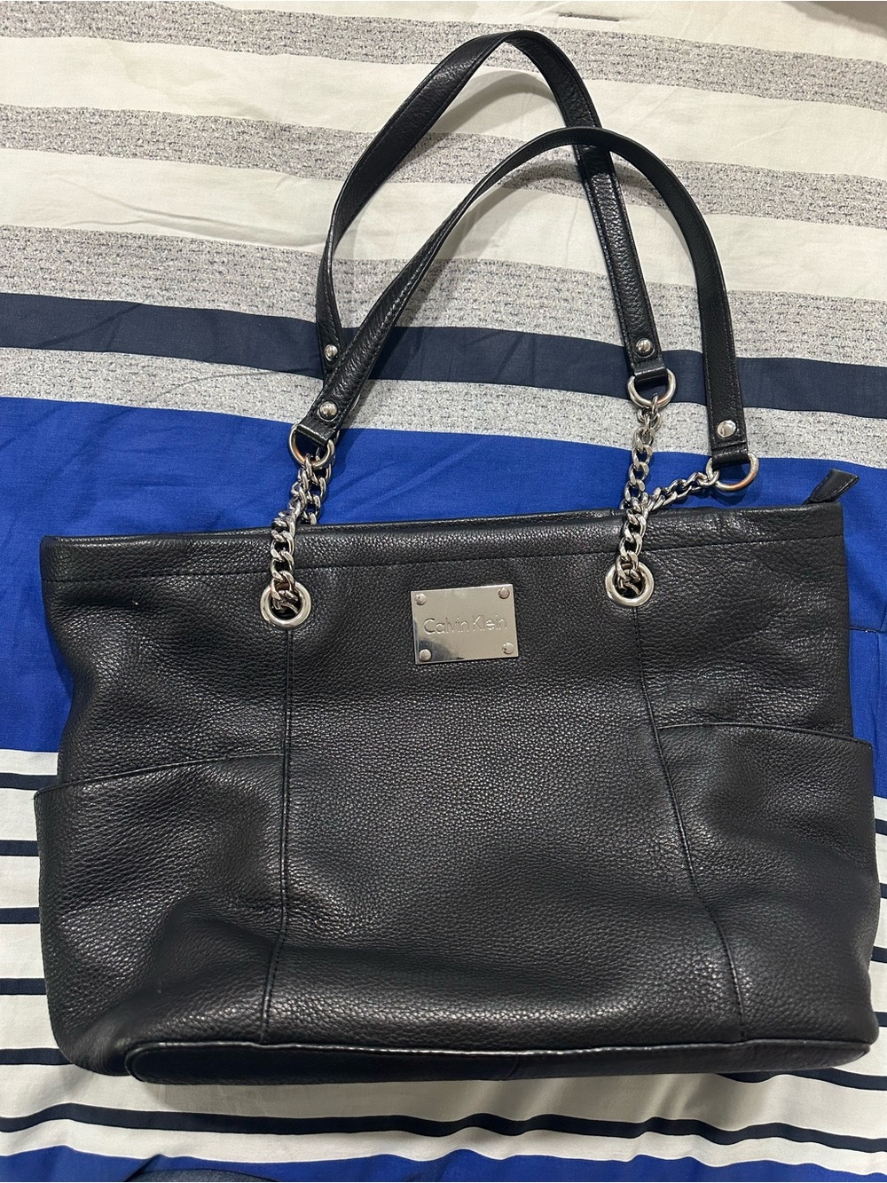Calvin Klein Black Pebble Leather Chain-Handle Tote